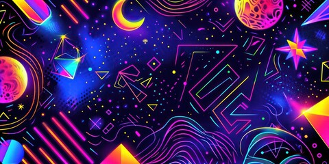 Geometric Fluorescent neon color black background.