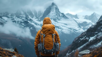 Lone traveler contemplating snowy mountain peaks. outdoor adventure photography. hiking in winter landscape. AI - obrazy, fototapety, plakaty