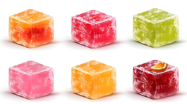 Traditional Turkish delight isolated on white background. assorted Sweet, delicious lokum of different colors and flavors. Turkish sweets