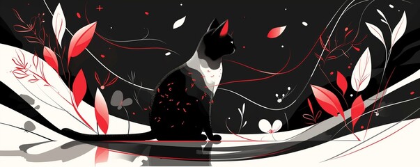 Abstract Feline Elegance: Red, White, and Black Artistic Background