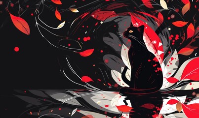 Whimsical Feline Abstract: Red, White, and Black Artistic Background