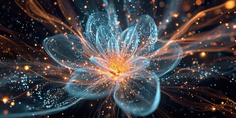 Holographic projection of a delicate flower, surrounded by a mesmerizing cloud of radiant particles, all set against a velvety black backdrop.