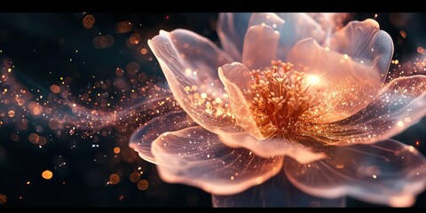 Holographic projection of a delicate flower, surrounded by a mesmerizing cloud of radiant particles, all set against a velvety black backdrop.