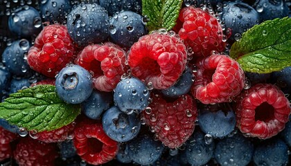 Owoce malin i borówek w kroplach wody. Generative AI - obrazy, fototapety, plakaty
