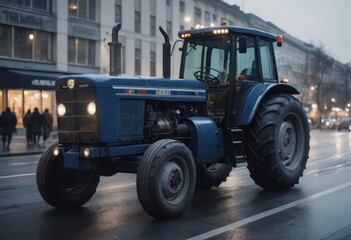 Fototapeta premium Blue tractor on the road with front loader up in the air buildings within background city