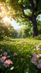 Sunlit Meadow with Dancing Butterflies and Flowers