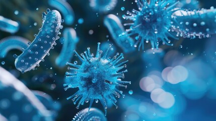 Fototapeta na wymiar Macro close up shot of blue bacteria and virus cells in a scientific laboratory