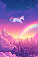 Obraz na płótnie Canvas Enchanted Unicorn Over the Rainbow: Hand-Drawn Magical Creature Soaring Above a Metropolis on Pink Clouds Wallpaper Illustration