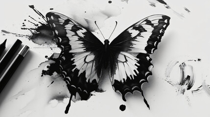 A black and white drawing of a butterfly on a white background