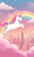 Tuinposter Enchanted Unicorn Over Cityscape - Hand-Drawn Fantasy Illustration with Rainbow and Pink Clouds © Vasilya