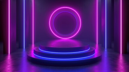 3d futuristic digital podium with blue and pink line neon lamps