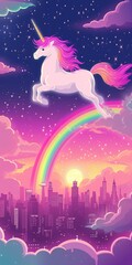 Enchanted Unicorn Overlooking Cityscape - Hand-Drawn Fantasy Wallpaper Art with Rainbow and Pink Clouds