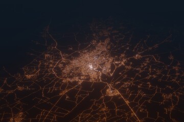 Aerial shot on Samarqand (Uzbekistan) at night, view from east. Imitation of satellite view on modern city with street lights and glow effect. 3d render - obrazy, fototapety, plakaty