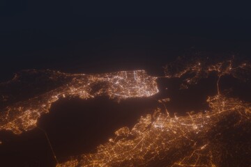 Aerial shot on San Francisco (California, USA) at night, view from east. Imitation of satellite view on modern city with street lights and glow effect. 3d render - obrazy, fototapety, plakaty