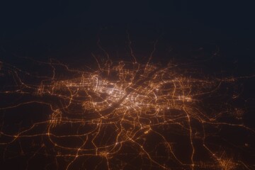 Aerial shot of Wuhan (China) at night, view from north. Imitation of satellite view on modern city with street lights and glow effect. 3d render - obrazy, fototapety, plakaty