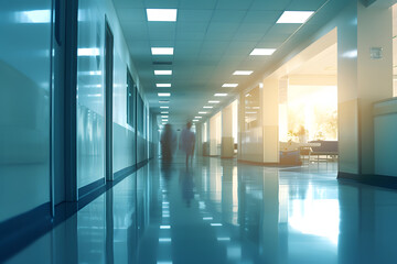 Fototapeta premium A well-lit hospital hallway leading to the reception clinic, the background softly unfocused, showing the steady flow of healthcare workers and patients