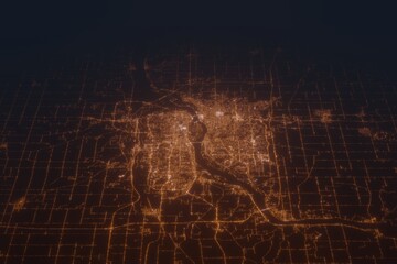 Aerial shot on Davenport (Iowa, USA) at night, view from east. Imitation of satellite view on modern city with street lights and glow effect. 3d render - obrazy, fototapety, plakaty
