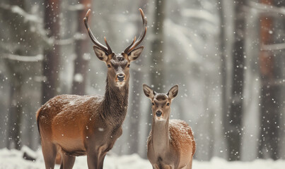 Deer Buck Stag and Doe in Snow Animal Concept
