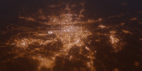 Street lights map of Seville (Spain) with tilt-shift effect, view from east. Imitation of macro shot with blurred background. 3d render, selective focus