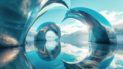 abstract northern panoramic landscape with chrome infinity shape