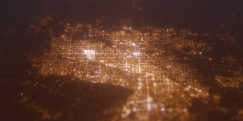 Street lights map of Tucson (Arizona, USA) with tilt-shift effect, view from north. Imitation of macro shot with blurred background. 3d render, selective focus