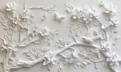 Enchanted Forest Scene: Romantic Sculptured Wallpaper Art with Trees, Flowers, Birds, and Butterflies in a Volumetric White Design