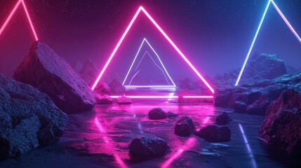 extraterrestrial landscape with neon triangular geometric frame background