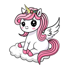 cute unicorn on the clouds cartoons in fairy tales It's pastel pink. Suitable for designing children's cards, wallpapers, t-shirt printing, white background vector illustrations.