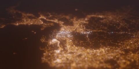 Street lights map of Kitakyushu (Japan) with tilt-shift effect, view from west. Imitation of macro shot with blurred background. 3d render, selective focus