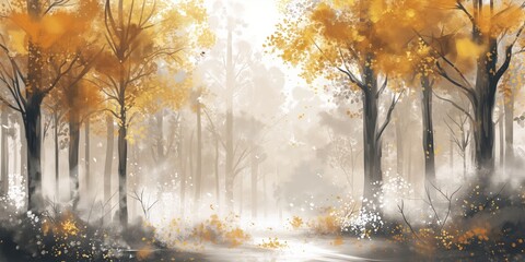 Golden Forest Whispers: Elegant Nature-Inspired Wallpaper in White and Gold Hues - Full Screen Artistic Illustration