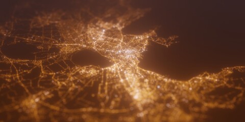 Street lights map of Tallinn (Estonia) with tilt-shift effect, view from east. Imitation of macro shot with blurred background. 3d render, selective focus