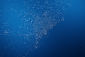 Stylized map of the streets of Sfax (Tunisia) made with white lines on abstract blue background lit by two lights. Top view. 3d render, illustration - obrazy, fototapety, plakaty