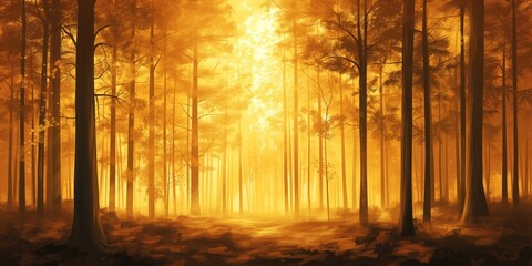 Obraz premium Enchanted Golden Forest Scene - Full-Screen Wallpaper Illustration