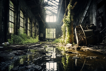 abandoned factory building with puddles of water and vegetation growing inside - obrazy, fototapety, plakaty