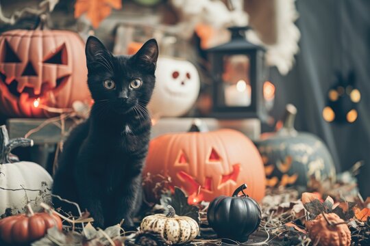 A playful shot of a mischievous black cat surrounded by Halloween decorations