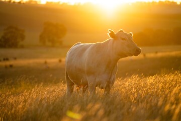 Stud Angus cows in a field free range beef cattle on a farm. Portrait of cow close up in golden light in australia. - obrazy, fototapety, plakaty