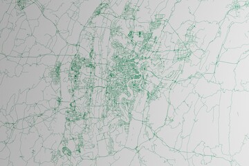 Map of the streets of Chongqing (China) made with green lines on white paper. 3d render, illustration