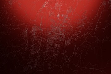 Street map of Chongqing (China) engraved on red metal background. Light is coming from top. 3d render, illustration