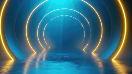 Obraz premium Abstract futuristic 3d golden ring circles with spotlight on blue stage background