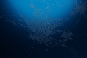 Street map of Shymkent (Kazakhstan) engraved on blue metal background. View with light coming from top. 3d render, illustration - obrazy, fototapety, plakaty