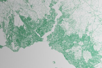 Map of the streets of Istanbul (Turkey) made with green lines on white paper. 3d render, illustration