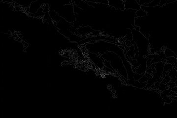Stylized map of the streets of Dubrovnik (Croatia) made with white lines on black background. Top view. 3d render, illustration