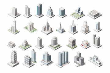 Fototapeta na wymiar Isometric Vector Art Sprite Sheet, Capturing the Dynamic City Skyline with Tall Buildings, on an Isolated White Background, Generative AI