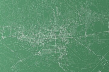 Stylized map of the streets of Zagreb (Croatia) made with white lines on green background. Top view. 3d render, illustration - obrazy, fototapety, plakaty