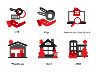Six real estate icons in red and black as rent, keys, accommodation search, ware house