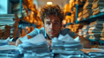 Businessman with pile of office papers and documents