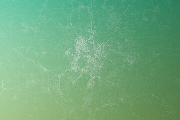 Map of the streets of Vilnius (Lithuania) made with white lines on yellowish green gradient background. Top view. 3d render, illustration - obrazy, fototapety, plakaty