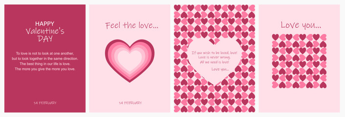 Vector illustration. Set of Valentine's Day posters in pink  red colors. Symbols of heart, Love with place for inscription. Banner, flyer, advertisement, background