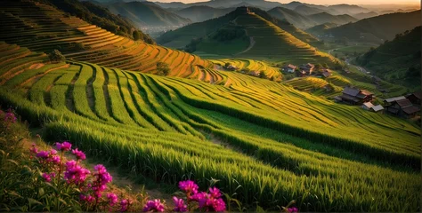 Poster Beautiful panoramic landscape of a terrace fields with spring flowers in North Vietnam at the sunset © Pham Ty