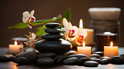 Fototapeta na wymiar Massage stones and candles in a Zen spa